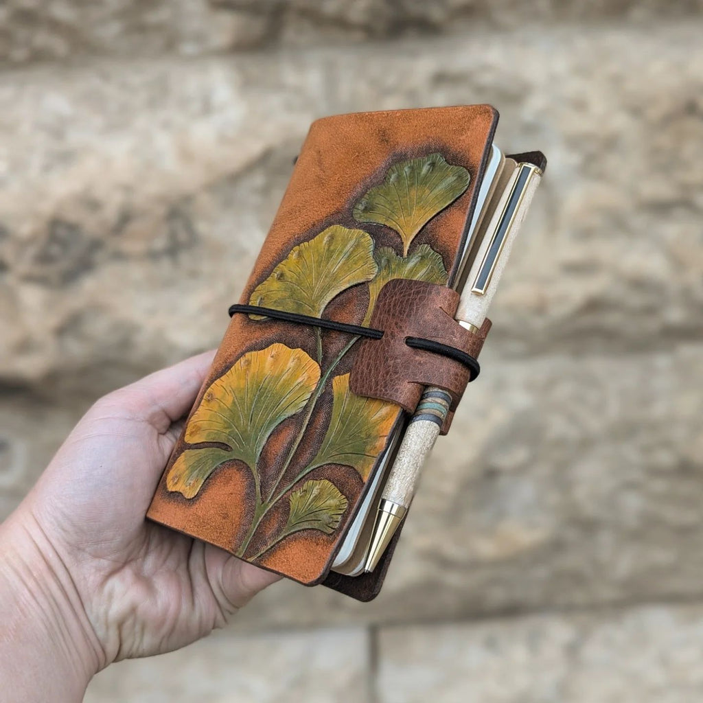 POCKET Traveller's Refillable Notebook | Tooled Ginkgo Leaves #1