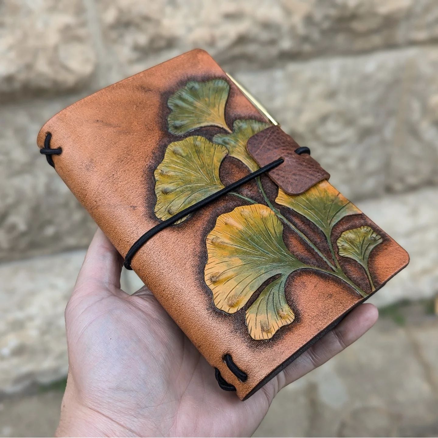 Pocket Traveller's Refillable Notebook | Tooled Ginkgo Leaves