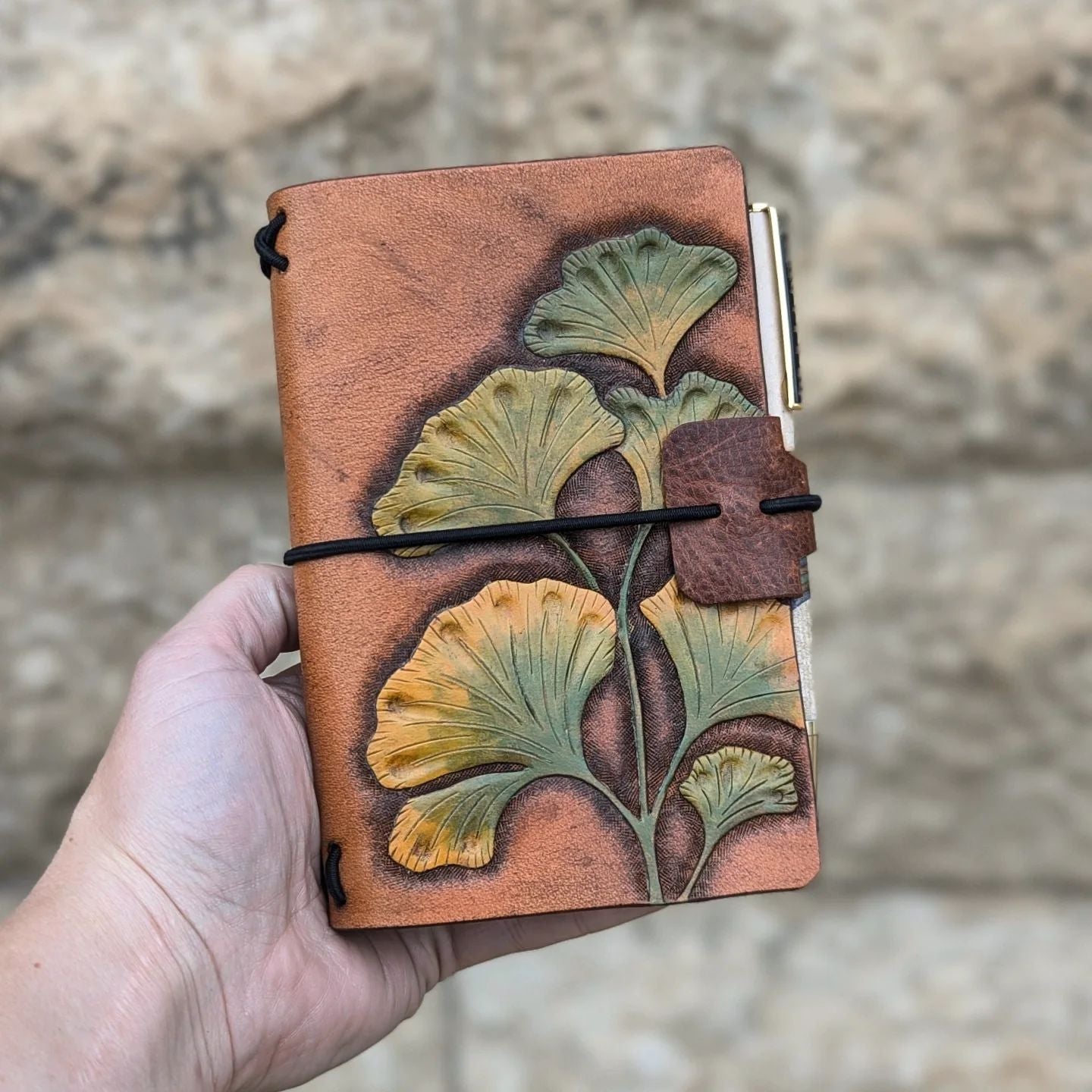 Pocket Traveller's Refillable Notebook | Tooled Ginkgo Leaves