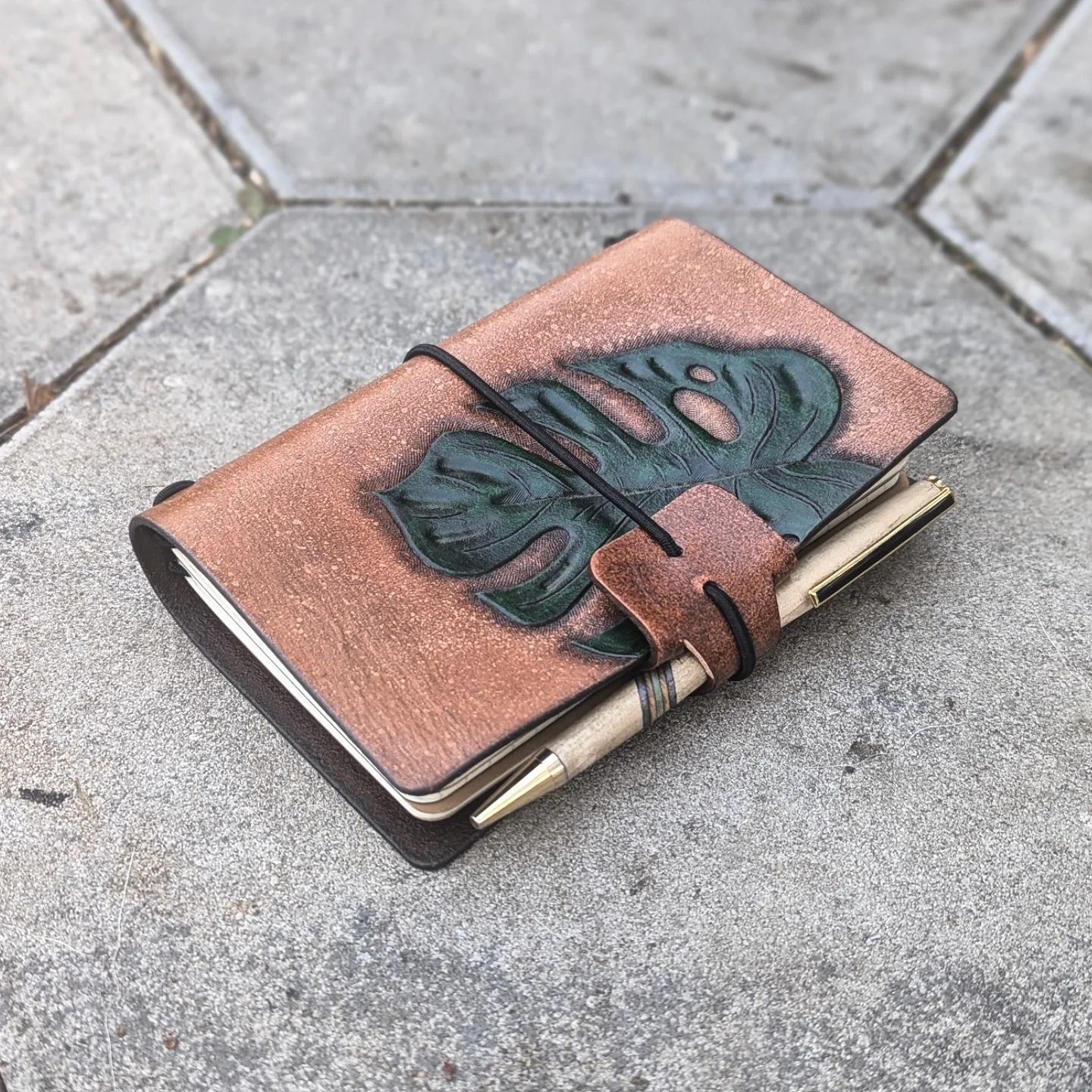 Pocket Traveller's Refillable Notebook | Tooled Monstera Leaf #1