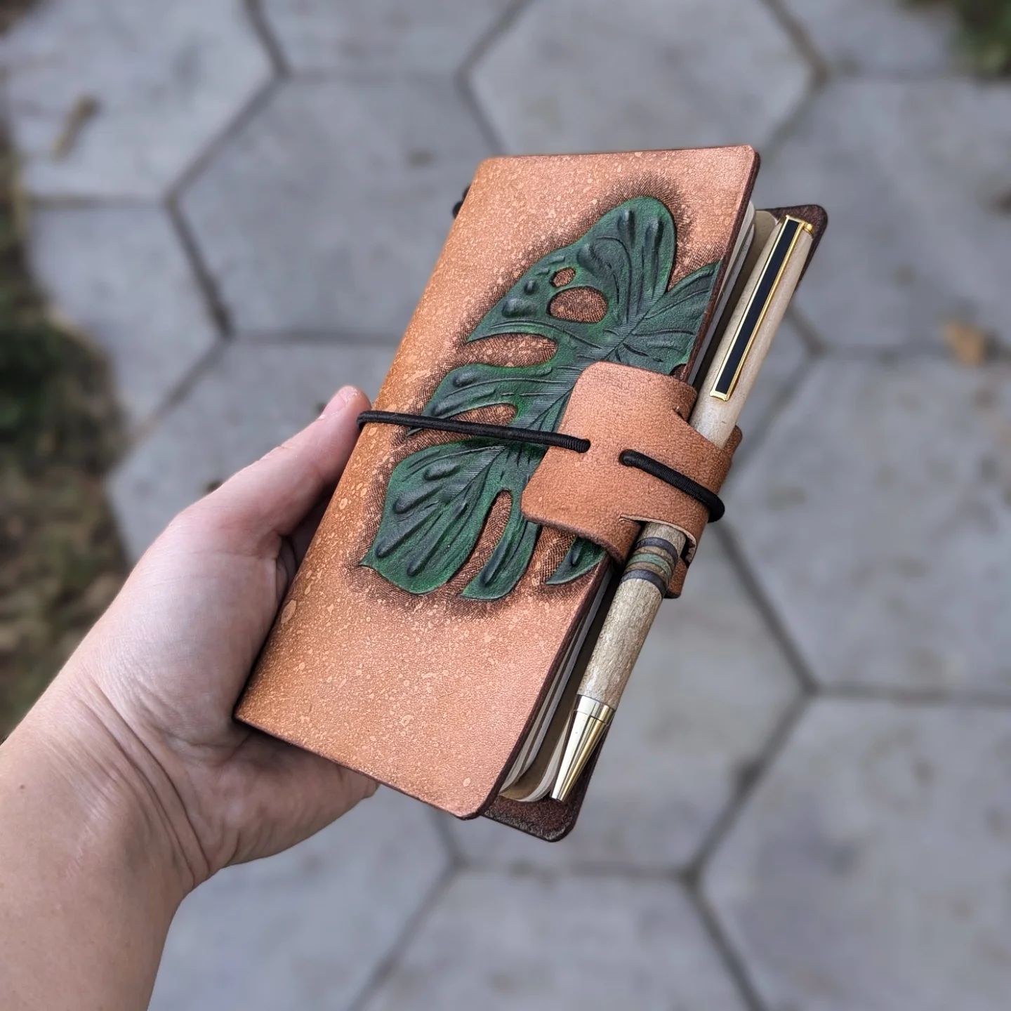 POCKET Traveller's Refillable Notebook | Tooled + Painted Monstera Leaf