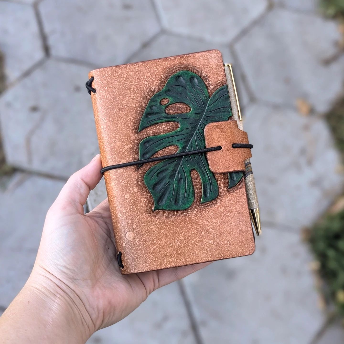 POCKET Traveller's Refillable Notebook | Tooled + Painted Monstera Leaf