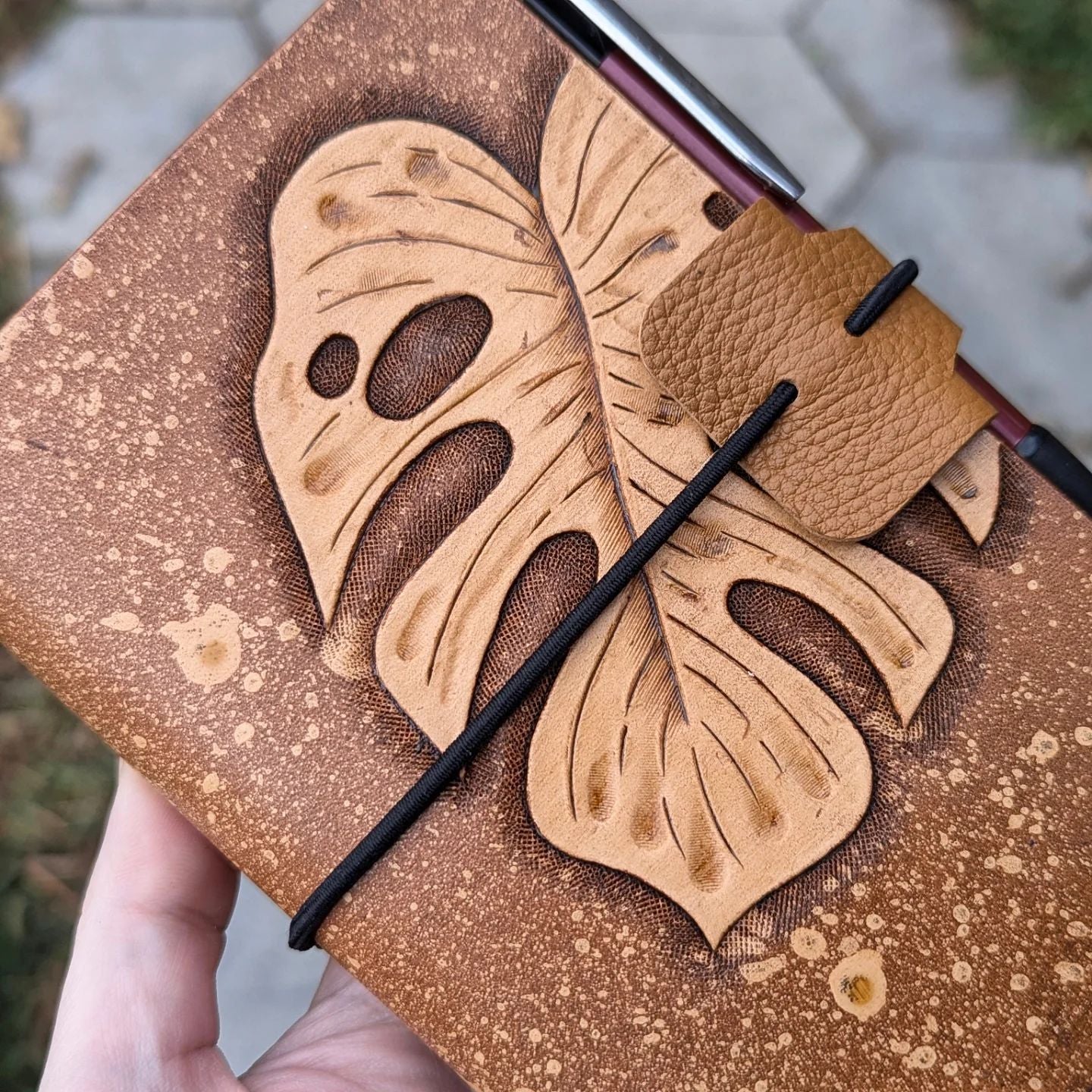 Pocket Traveller's Refillable Notebook | Tooled Monstera Leaf #3