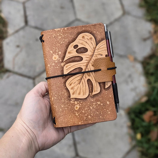 Pocket Traveller's Refillable Notebook | Tooled Monstera Leaf #3