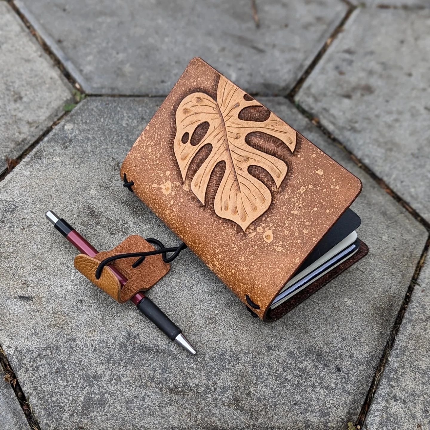 Pocket Traveller's Refillable Notebook | Tooled Monstera Leaf #3