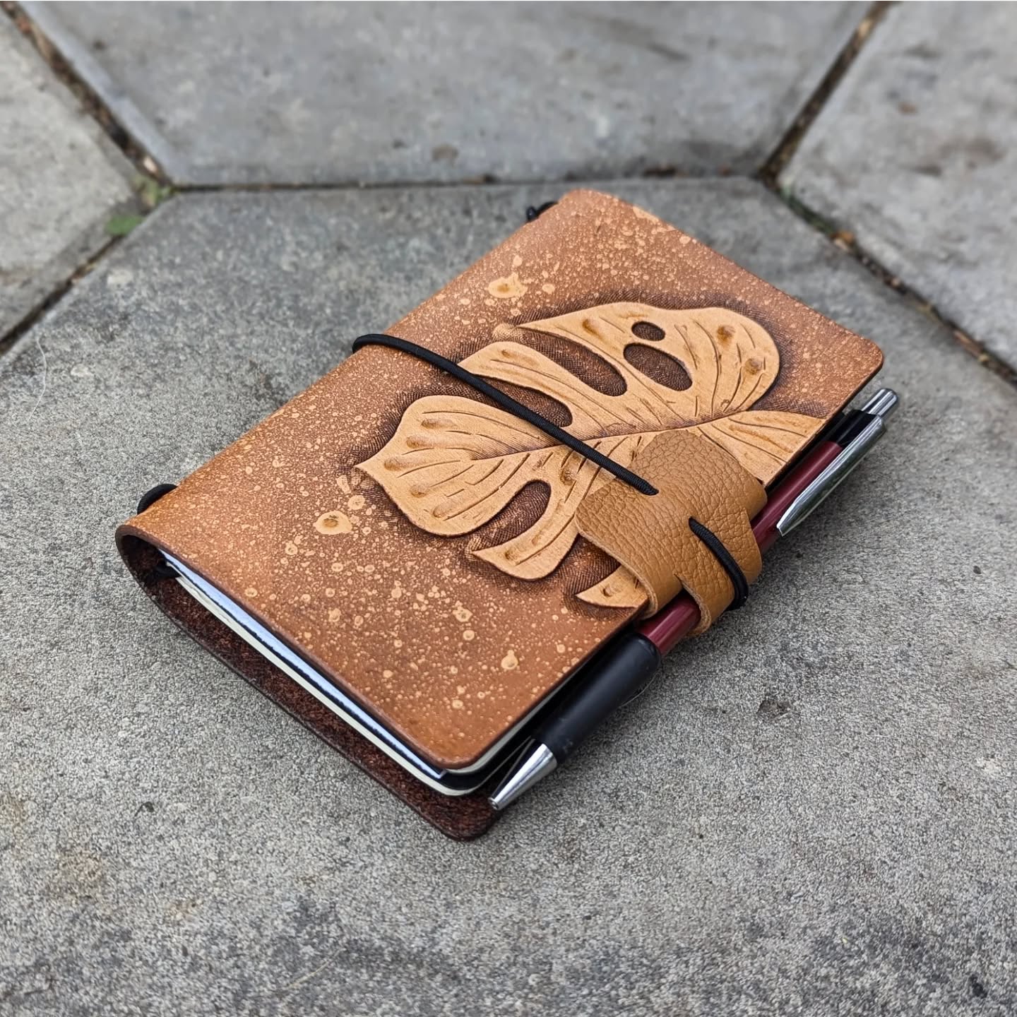 Pocket Traveller's Refillable Notebook | Tooled Monstera Leaf #3