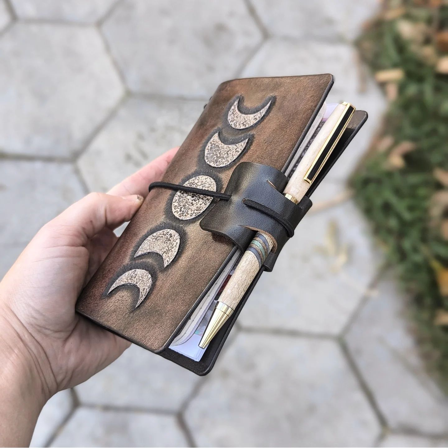 Pocket Traveller's Refillable Notebook | Tooled Moon Phases