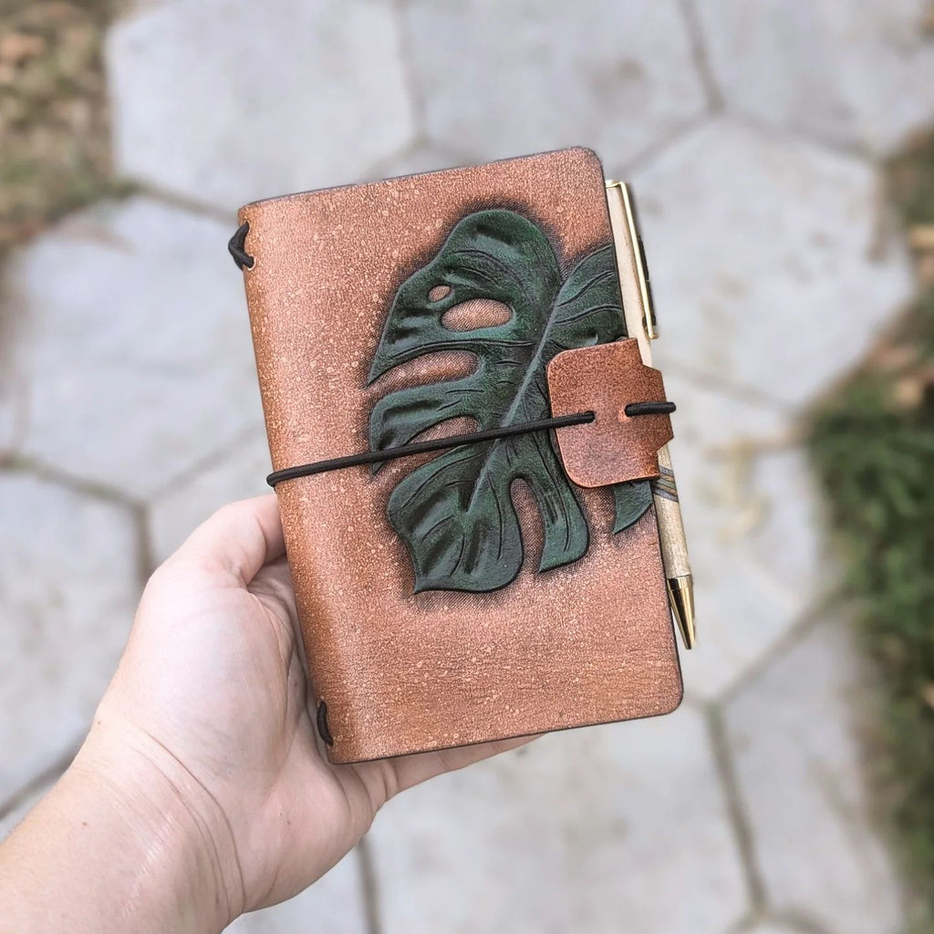 POCKET Traveller's Refillable Notebook | Tooled Monstera Leaf #1
