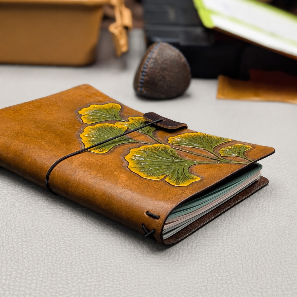 Brown leather notebook cover with green and yellow ginkgo design holding three notebook inserts