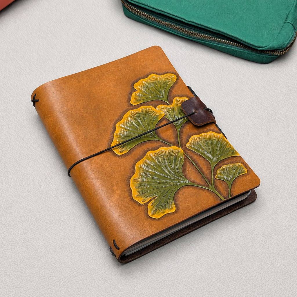 Brown leather notebook cover with green and yellow ginkgo design and a black elastic band with a brown leather pen loop 