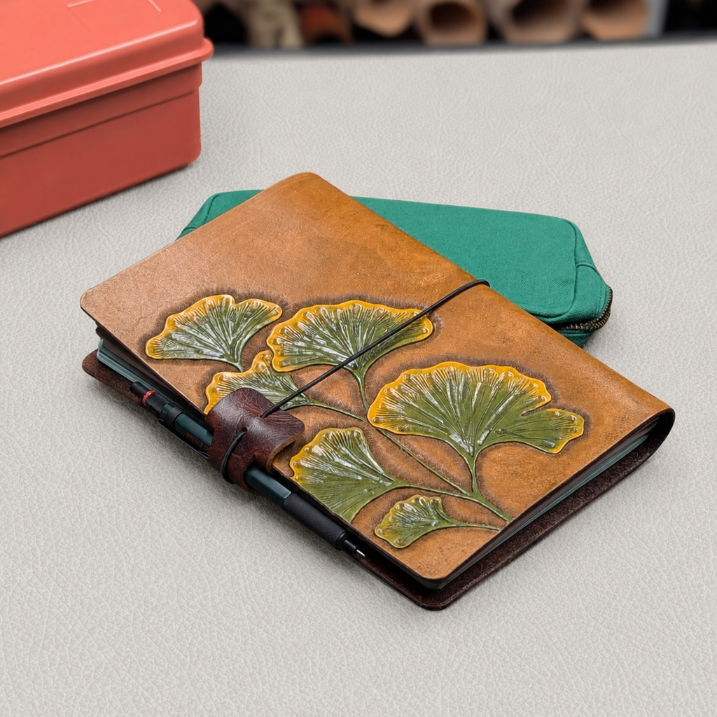 Back side of brown leather notebook cover with green and yellow ginkgo design and a black elastic band with a brown leather pen loop 