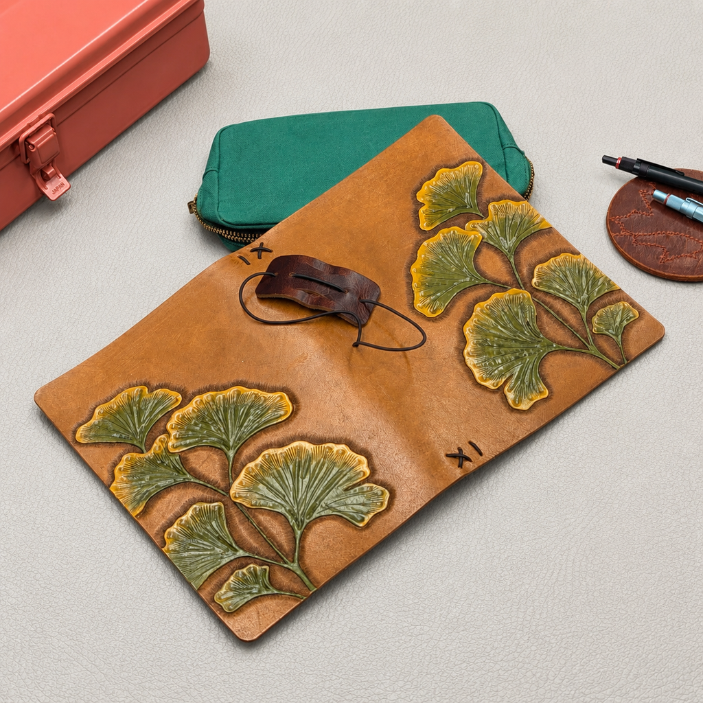 Back of open brown leather notebook cover with green and yellow ginkgo design and a black elastic band with a brown leather pen loop 