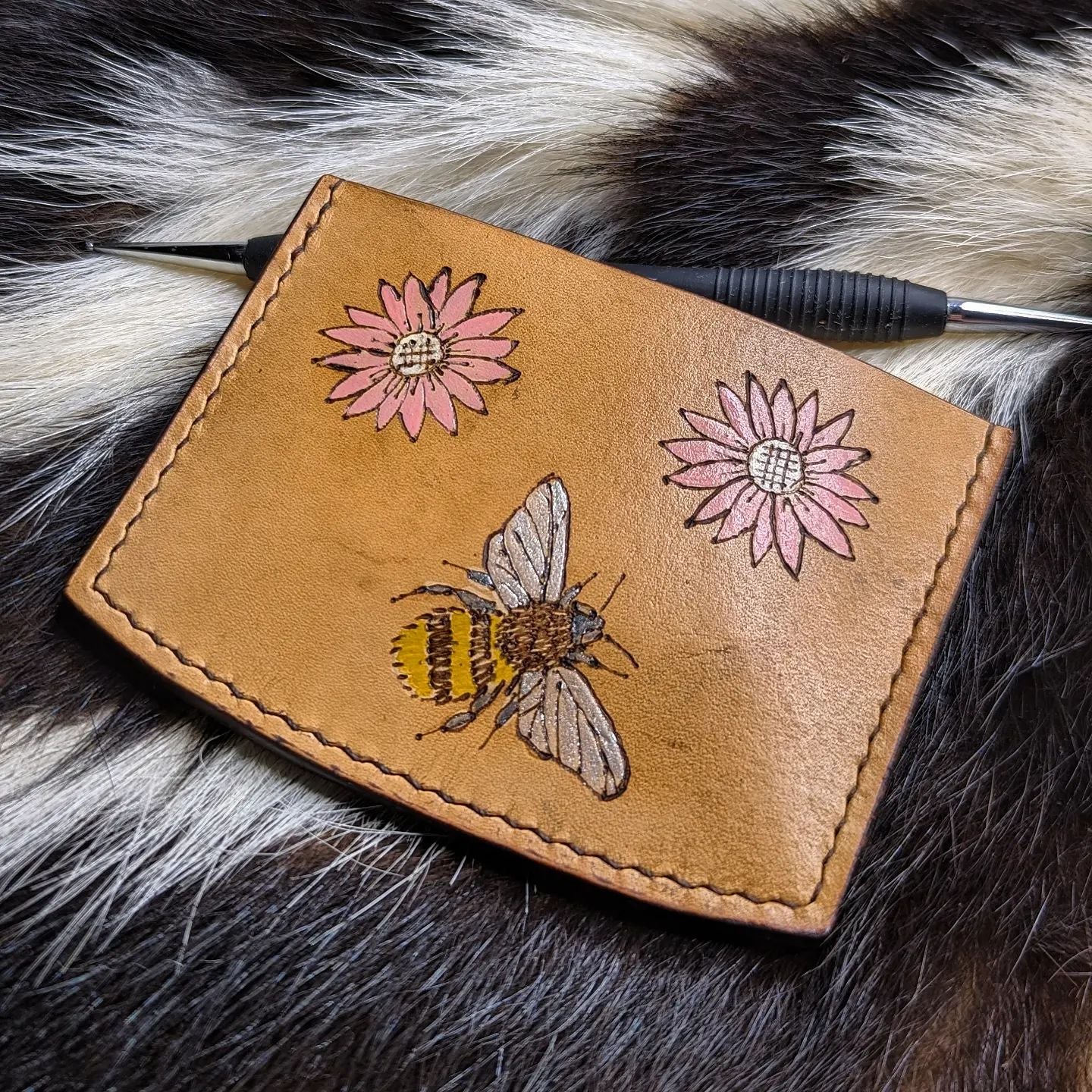 Three-Pocket Minimalist Wallet | Pyrography Bee + Flowers